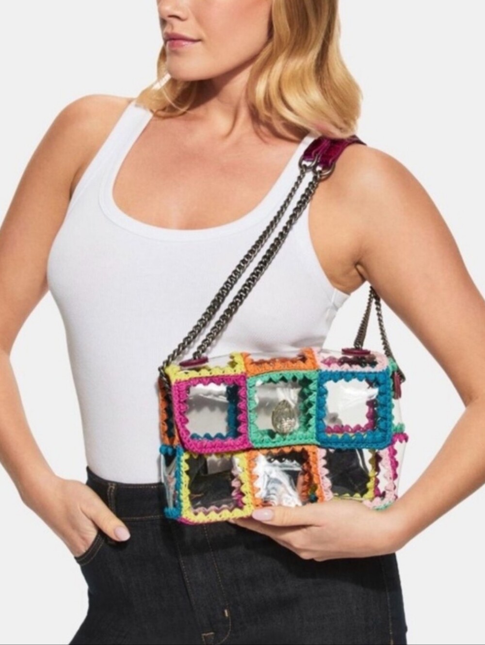 Kurt Geiger NWT London Kensington Med Clear Rainbow Crochet Shoulder Bag W/Dusty